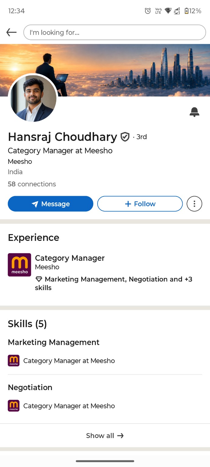 Hansraj Choudhary के LinkedIn प्रोफाइल का स्क्रीनशॉट